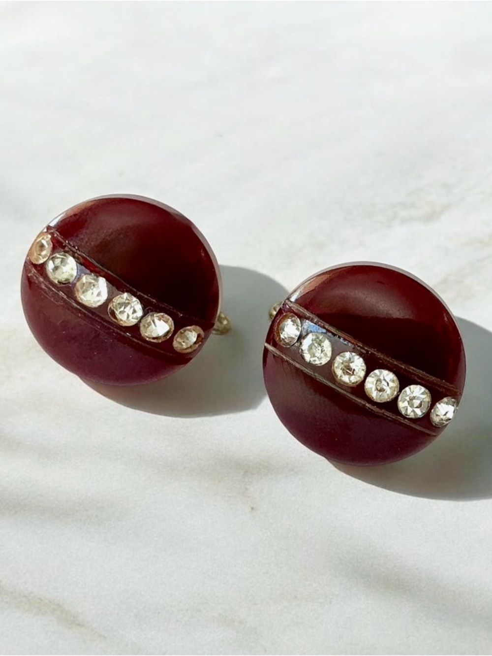 Vintage Burgundy Bakelite with Clear Crystals ScrewBack Earrings